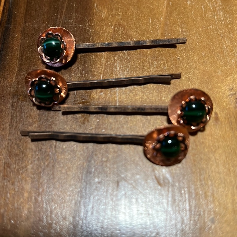 Copper and green hair pins